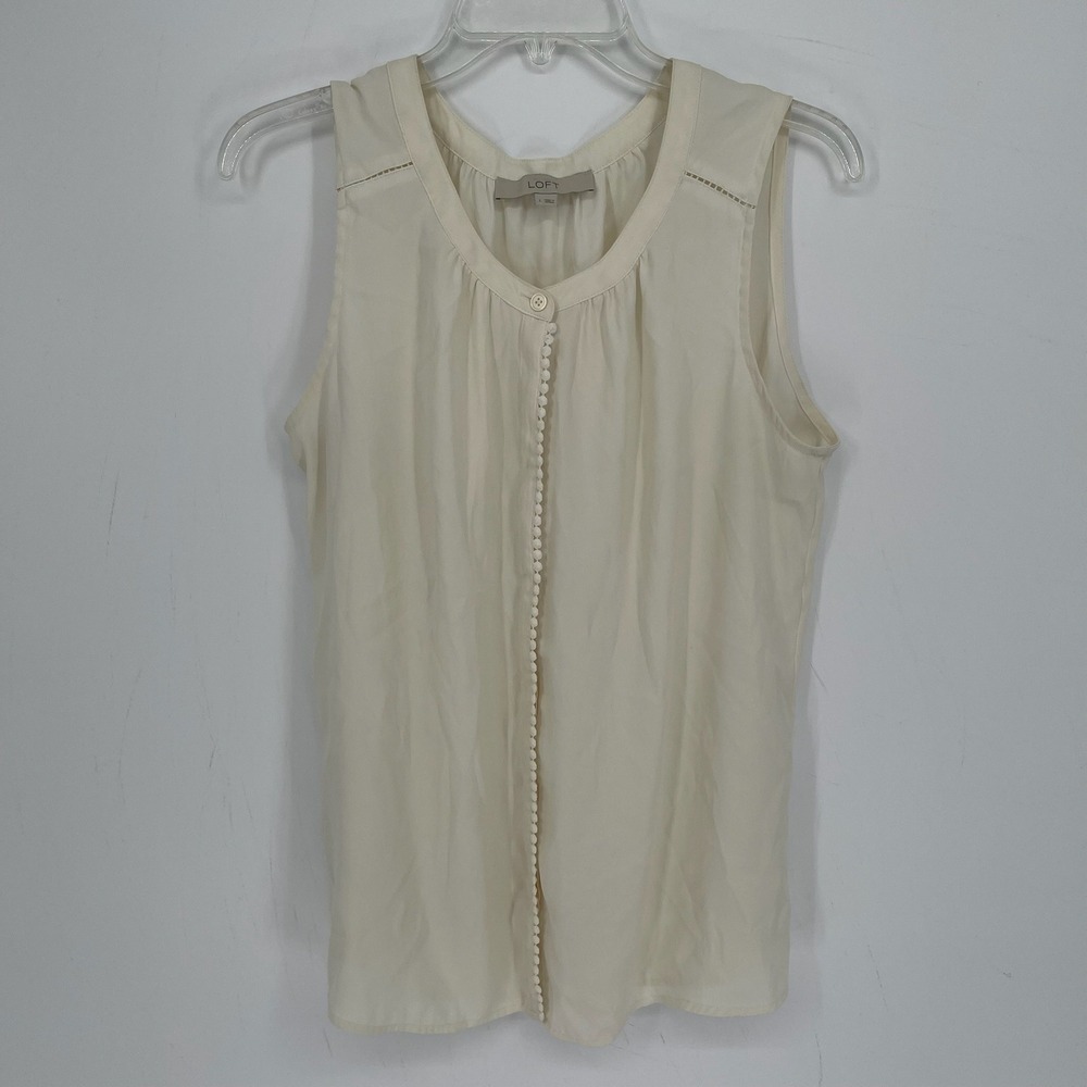 Ann Taylor LOFT Women's Ivory Pom Pom Trim Pleated Sleeveless Tank Top Size L